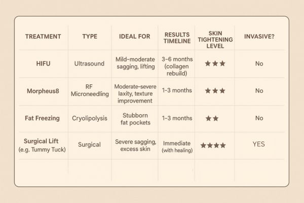 Table showing the comparisons of Skin tightening Hampton Hill treatment options.